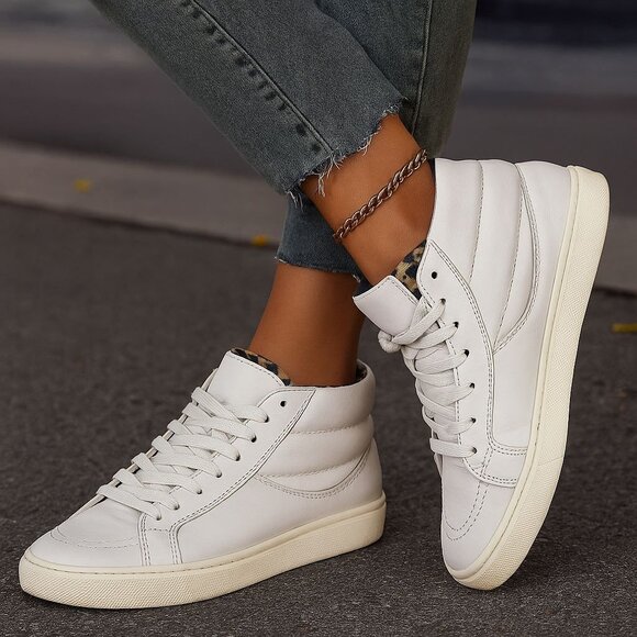 COACH Women's White Leather High Top Sneakers Leopard Print Lining Size 8M - Picture 1 of 14